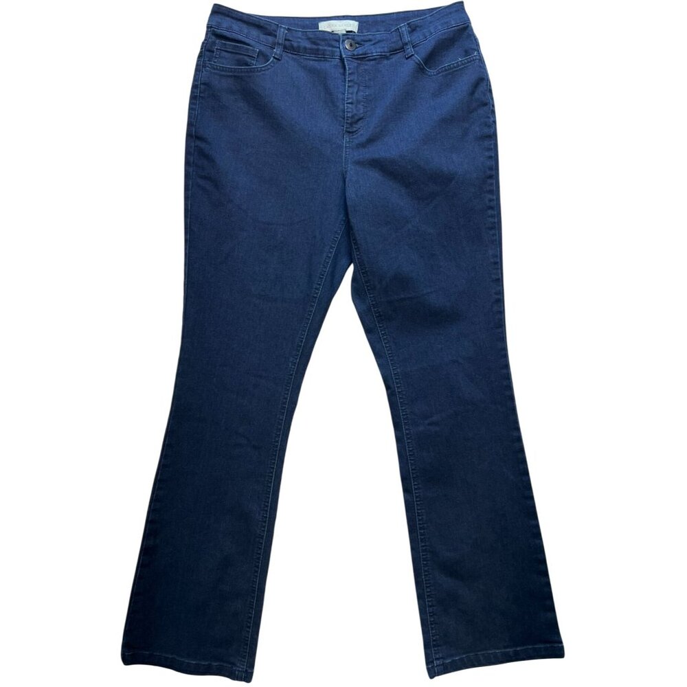 Laura Ashley Women's Flared Jeans Stretch Denim Size 14P Blue Solid Dark Wash